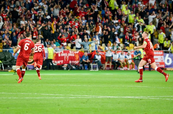 Kiev Oekraïne Mei 2018 Liverpool Football Spelers Vieren Doelpunt Tijdens — Stockfoto