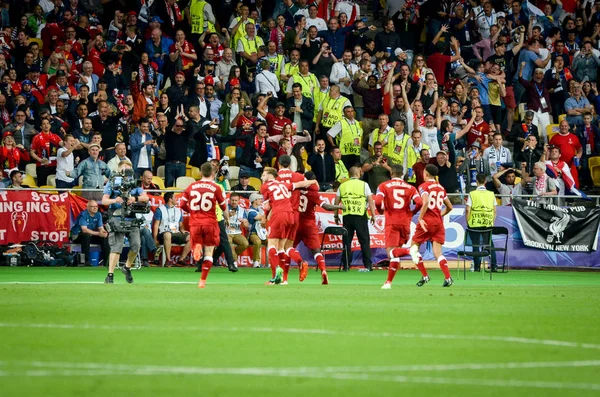 Kijów Ukraina Maja 2018 Piłkarzy Liverpool Świętować Gola Podczas Meczu — Zdjęcie stockowe