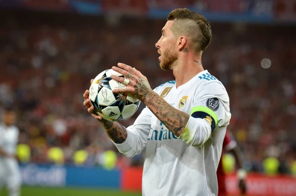Kiev, Ukrayna - 26 Mayıs 2018: Sergio Ramos 2018 sırasında Uefa Şampiyonlar Ligi Finali maç Real Madrid ve Kiev Ukrayna Milli Güvenlik olimpiyskiy Stadyumu'nda Liverpool arasında