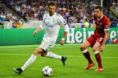 Kiev, Ukrayna - 26 Mayıs 2018: Cristiano Ronaldo 2018 sırasında Uefa Şampiyonlar Ligi Finali maç Real Madrid ve Kiev Ukrayna Milli Güvenlik olimpiyskiy Stadyumu'nda Liverpool arasında