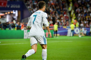 Kiev, Ukrayna - 26 Mayıs 2018: Cristiano Ronaldo 2018 sırasında Uefa Şampiyonlar Ligi Finali maç Real Madrid ve Kiev Ukrayna Milli Güvenlik olimpiyskiy Stadyumu'nda Liverpool arasında