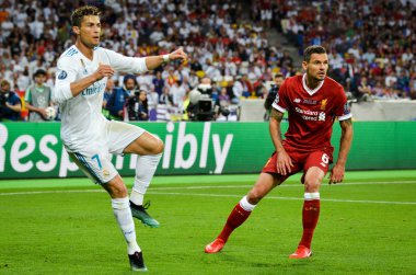 Kiev, Ukrayna - 26 Mayıs 2018: Cristiano Ronaldo 2018 sırasında Uefa Şampiyonlar Ligi Finali maç Real Madrid ve Kiev Ukrayna Milli Güvenlik olimpiyskiy Stadyumu'nda Liverpool arasında