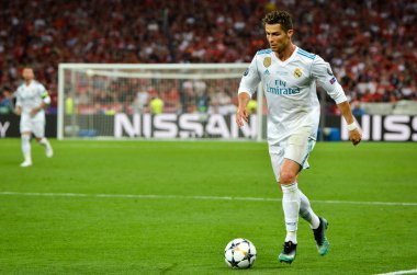 Kiev, Ukrayna - 26 Mayıs 2018: Cristiano Ronaldo 2018 sırasında Uefa Şampiyonlar Ligi Finali maç Real Madrid ve Kiev Ukrayna Milli Güvenlik olimpiyskiy Stadyumu'nda Liverpool arasında