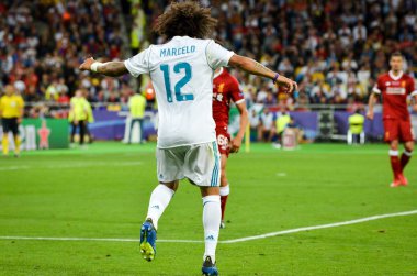 Kiev, Ukrayna - 26 Mayıs 2018: Marcelo 2018 sırasında Uefa Şampiyonlar Ligi Finali maç Real Madrid ve Kiev Ukrayna Milli Güvenlik olimpiyskiy Stadyumu'nda Liverpool arasında