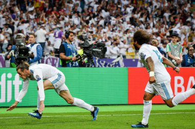 Kiev, Ukrayna - 26 Mayıs 2018: Gareth Bale 2018 Uefa Şampiyonlar Ligi final maçında Real Madrid ve Liverpool, Ukrayna arasında sırasında gol kutlamak