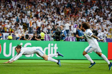Kiev, Ukrayna - 26 Mayıs 2018: Gareth Bale 2018 Uefa Şampiyonlar Ligi final maçında Real Madrid ve Liverpool, Ukrayna arasında sırasında gol kutlamak