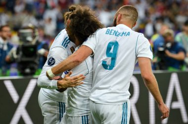 Kiev, Ukrayna - 26 Mayıs 2018: Karim Benzema 2018 sırasında Uefa Şampiyonlar Ligi Finali maç Real Madrid ve Kiev Ukrayna Milli Güvenlik olimpiyskiy Stadyumu'nda Liverpool arasında