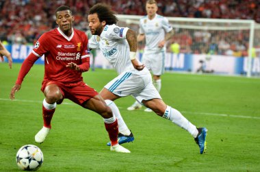 Kiev, Ukrayna - 26 Mayıs 2018: Georginio Wijnaldum ve Marcelo 2018 Uefa Şampiyonlar Ligi final maçında Real Madrid ve Liverpool, Ukrayna arasında sırasında