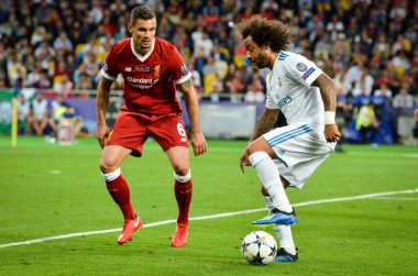 Kiev, Ukrayna - 26 Mayıs 2018: Dejan Lovren ve Marcelo 2018 Uefa Şampiyonlar Ligi final maçında Real Madrid ve Liverpool, Ukrayna arasında sırasında