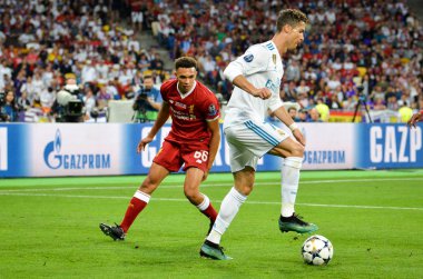 Kiev, Ukrayna - 26 Mayıs 2018: Cristiano Ronaldo 2018 sırasında Uefa Şampiyonlar Ligi Finali maç Real Madrid ve Kiev Ukrayna Milli Güvenlik olimpiyskiy Stadyumu'nda Liverpool arasında
