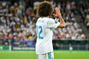 Kiev, Ukrayna - 26 Mayıs 2018: Marcelo 2018 sırasında Uefa Şampiyonlar Ligi Finali maç Real Madrid ve Kiev Ukrayna Milli Güvenlik olimpiyskiy Stadyumu'nda Liverpool arasında
