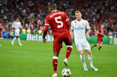 Kiev, Ukrayna - 26 Mayıs 2018: Futbolcu 2018 sırasında Uefa Şampiyonlar Ligi Finali maç Real Madrid ve Kiev Ukrayna Milli Güvenlik olimpiyskiy Stadyumu'nda Liverpool arasında