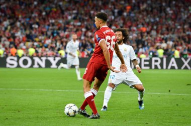Kiev, Ukrayna - 26 Mayıs 2018: Trent Alexander-Arnold 2018 sırasında Uefa Şampiyonlar Ligi Finali maç Real Madrid ve Kiev Ukrayna Milli Güvenlik olimpiyskiy Stadyumu'nda Liverpool arasında