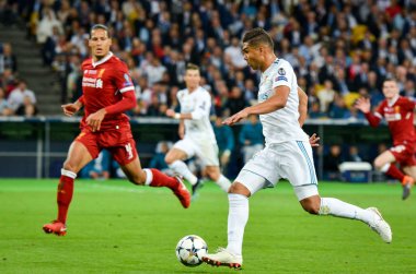 Kiev, Ukrayna - 26 Mayıs 2018: 2018 sırasında Casemiro Uefa Şampiyonlar Ligi Finali maç Real Madrid ve Kiev Ukrayna Milli Güvenlik olimpiyskiy Stadyumu'nda Liverpool arasında