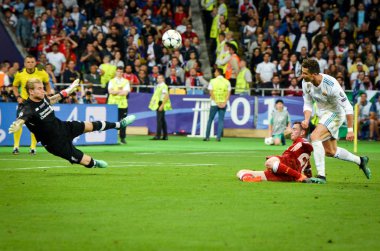 Kiev, Ukrayna - 26 Mayıs 2018: Cristiano Ronaldo 2018 sırasında Uefa Şampiyonlar Ligi Finali maç Real Madrid ve Kiev Ukrayna Milli Güvenlik olimpiyskiy Stadyumu'nda Liverpool arasında