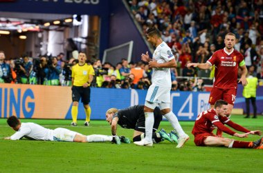 Kiev, Ukrayna - 26 Mayıs 2018: Cristiano Ronaldo 2018 sırasında Uefa Şampiyonlar Ligi Finali maç Real Madrid ve Kiev Ukrayna Milli Güvenlik olimpiyskiy Stadyumu'nda Liverpool arasında