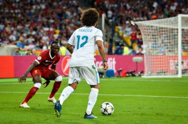 Kiev, Ukrayna - 26 Mayıs 2018: Marcelo 2018 sırasında Uefa Şampiyonlar Ligi Finali maç Real Madrid ve Kiev Ukrayna Milli Güvenlik olimpiyskiy Stadyumu'nda Liverpool arasında