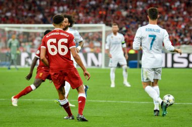 Kiev, Ukrayna - 26 Mayıs 2018: Trent Alexander-Arnold 2018 sırasında Uefa Şampiyonlar Ligi Finali maç Real Madrid ve Kiev Ukrayna Milli Güvenlik olimpiyskiy Stadyumu'nda Liverpool arasında