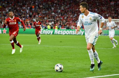 Kiev, Ukrayna - 26 Mayıs 2018: Cristiano Ronaldo 2018 sırasında Uefa Şampiyonlar Ligi Finali maç Real Madrid ve Kiev Ukrayna Milli Güvenlik olimpiyskiy Stadyumu'nda Liverpool arasında