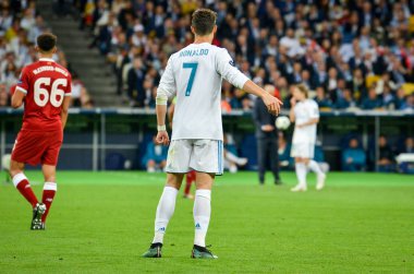 Kiev, Ukrayna - 26 Mayıs 2018: Cristiano Ronaldo 2018 sırasında Uefa Şampiyonlar Ligi Finali maç Real Madrid ve Kiev Ukrayna Milli Güvenlik olimpiyskiy Stadyumu'nda Liverpool arasında