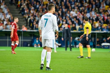 Kiev, Ukrayna - 26 Mayıs 2018: Cristiano Ronaldo 2018 sırasında Uefa Şampiyonlar Ligi Finali maç Real Madrid ve Kiev Ukrayna Milli Güvenlik olimpiyskiy Stadyumu'nda Liverpool arasında