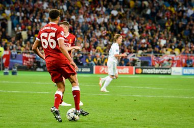 Kiev, Ukrayna - 26 Mayıs 2018: Trent Alexander-Arnold 2018 sırasında Uefa Şampiyonlar Ligi Finali maç Real Madrid ve Kiev Ukrayna Milli Güvenlik olimpiyskiy Stadyumu'nda Liverpool arasında