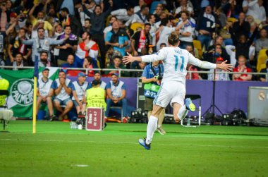 Kiev, Ukrayna - 26 Mayıs 2018: Gareth Bale 2018 Uefa Şampiyonlar Ligi final maçında Real Madrid ve Liverpool, Ukrayna arasında sırasında gol kutlamak