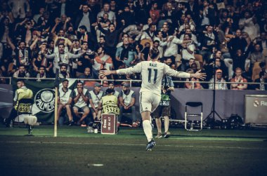 Kiev, Ukrayna - 26 Mayıs 2018: Gareth Bale 2018 Uefa Şampiyonlar Ligi final maçında Real Madrid ve Liverpool, Ukrayna arasında sırasında gol kutlamak