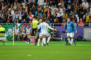 Kiev, Ukrayna - 26 Mayıs 2018: Gareth Bale 2018 Uefa Şampiyonlar Ligi final maçında Real Madrid ve Liverpool, Ukrayna arasında sırasında gol kutlamak