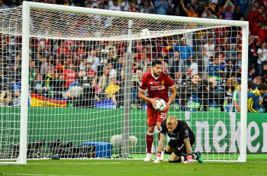 Kiev, Ukrayna - 26 Mayıs 2018: Loris 2018 Uefa Şampiyonlar Ligi final maçında Real Madrid ve Kiev Ukrayna Milli Güvenlik olimpiyskiy Stadyumu'nda Liverpool arasında sırasında gol yiyen Karius