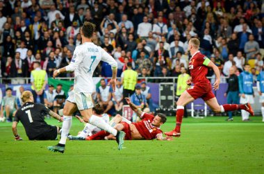 Kiev, Ukrayna - 26 Mayıs 2018: Cristiano Ronaldo 2018 sırasında Uefa Şampiyonlar Ligi Finali maç Real Madrid ve Kiev Ukrayna Milli Güvenlik olimpiyskiy Stadyumu'nda Liverpool arasında