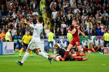 Kiev, Ukrayna - 26 Mayıs 2018: Cristiano Ronaldo 2018 sırasında Uefa Şampiyonlar Ligi Finali maç Real Madrid ve Kiev Ukrayna Milli Güvenlik olimpiyskiy Stadyumu'nda Liverpool arasında