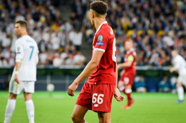 Kiev, Ukrayna - 26 Mayıs 2018: Trent Alexander-Arnold 2018 sırasında Uefa Şampiyonlar Ligi Finali maç Real Madrid ve Kiev Ukrayna Milli Güvenlik olimpiyskiy Stadyumu'nda Liverpool arasında