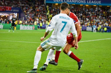 Kiev, Ukrayna - 26 Mayıs 2018: Cristiano Ronaldo 2018 sırasında Uefa Şampiyonlar Ligi Finali maç Real Madrid ve Kiev Ukrayna Milli Güvenlik olimpiyskiy Stadyumu'nda Liverpool arasında