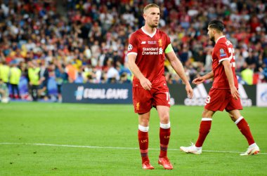 Kiev, Ukrayna - 26 Mayıs 2018: Jordan Henderson 2018 sırasında Uefa Şampiyonlar Ligi Finali maç Real Madrid ve Kiev Ukrayna Milli Güvenlik olimpiyskiy Stadyumu'nda Liverpool arasında