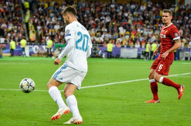Kiev, Ukrayna - 26 Mayıs 2018: Marco Asensio 2018 sırasında Uefa Şampiyonlar Ligi Finali maç Real Madrid ve Kiev Ukrayna Milli Güvenlik olimpiyskiy Stadyumu'nda Liverpool arasında