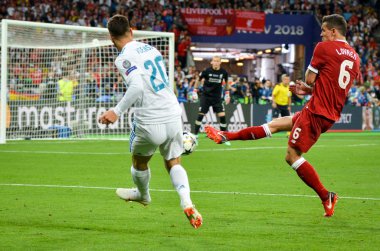 Kiev, Ukrayna - 26 Mayıs 2018: Marco Asensio 2018 sırasında Uefa Şampiyonlar Ligi Finali maç Real Madrid ve Kiev Ukrayna Milli Güvenlik olimpiyskiy Stadyumu'nda Liverpool arasında