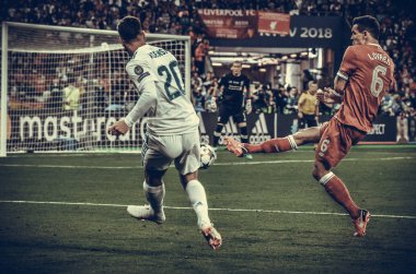 Kiev, Ukrayna - 26 Mayıs 2018: Marco Asensio 2018 sırasında Uefa Şampiyonlar Ligi Finali maç Real Madrid ve Kiev Ukrayna Milli Güvenlik olimpiyskiy Stadyumu'nda Liverpool arasında