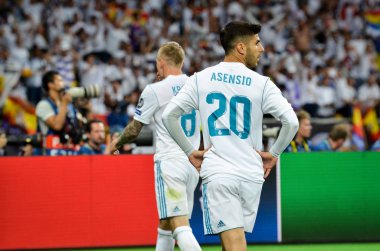 Kiev, Ukrayna - 26 Mayıs 2018: Marco Asensio 2018 sırasında Uefa Şampiyonlar Ligi Finali maç Real Madrid ve Kiev Ukrayna Milli Güvenlik olimpiyskiy Stadyumu'nda Liverpool arasında
