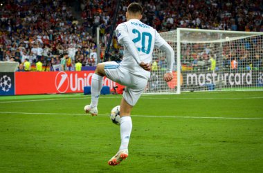 Kiev, Ukrayna - 26 Mayıs 2018: Marco Asensio 2018 sırasında Uefa Şampiyonlar Ligi Finali maç Real Madrid ve Kiev Ukrayna Milli Güvenlik olimpiyskiy Stadyumu'nda Liverpool arasında