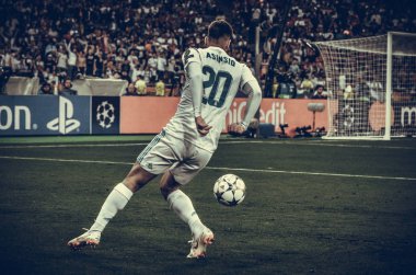 Kiev, Ukrayna - 26 Mayıs 2018: Marco Asensio 2018 sırasında Uefa Şampiyonlar Ligi Finali maç Real Madrid ve Kiev Ukrayna Milli Güvenlik olimpiyskiy Stadyumu'nda Liverpool arasında