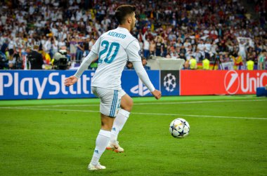 Kiev, Ukrayna - 26 Mayıs 2018: Marco Asensio 2018 sırasında Uefa Şampiyonlar Ligi Finali maç Real Madrid ve Kiev Ukrayna Milli Güvenlik olimpiyskiy Stadyumu'nda Liverpool arasında