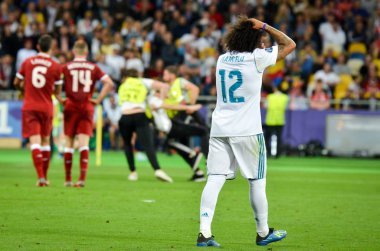 Kiev, Ukrayna - 26 Mayıs 2018: Marcelo 2018 sırasında Uefa Şampiyonlar Ligi Finali maç Real Madrid ve Kiev Ukrayna Milli Güvenlik olimpiyskiy Stadyumu'nda Liverpool arasında
