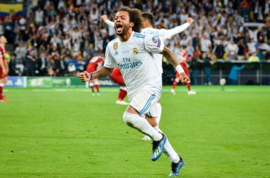 Kiev, Ukrayna - 26 Mayıs 2018: Marcelo 2018 Uefa Şampiyonlar Ligi final maçında Real Madrid ve Liverpool, Ukrayna arasında sırasında Uefa Şampiyonlar Ligi Zafer kutluyor