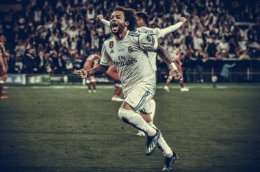 Kiev, Ukrayna - 26 Mayıs 2018: Marcelo 2018 Uefa Şampiyonlar Ligi final maçında Real Madrid ve Liverpool, Ukrayna arasında sırasında Uefa Şampiyonlar Ligi Zafer kutluyor