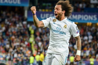 Kiev, Ukrayna - 26 Mayıs 2018: Marcelo 2018 Uefa Şampiyonlar Ligi final maçında Real Madrid ve Liverpool, Ukrayna arasında sırasında Uefa Şampiyonlar Ligi Zafer kutluyor