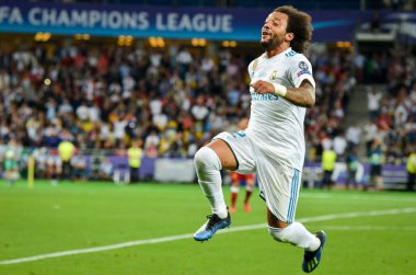 Kiev, Ukrayna - 26 Mayıs 2018: Marcelo 2018 Uefa Şampiyonlar Ligi final maçında Real Madrid ve Liverpool, Ukrayna arasında sırasında Uefa Şampiyonlar Ligi Zafer kutluyor