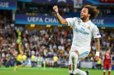 Kiev, Ukrayna - 26 Mayıs 2018: Marcelo 2018 Uefa Şampiyonlar Ligi final maçında Real Madrid ve Liverpool, Ukrayna arasında sırasında Uefa Şampiyonlar Ligi Zafer kutluyor