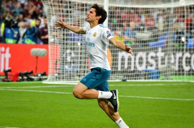 Kiev, Ukrayna - 26 Mayıs 2018: Jesus Vallejo kutlamak zafer 2018 Uefa Şampiyonlar Ligi final maçında Real Madrid ve Liverpool, Ukrayna arasında sırasında
