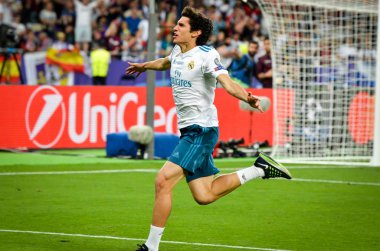 Kiev, Ukrayna - 26 Mayıs 2018: Jesus Vallejo kutlamak zafer 2018 Uefa Şampiyonlar Ligi final maçında Real Madrid ve Liverpool, Ukrayna arasında sırasında